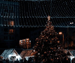 Holiday roofing safety tips - Picture of christmas lights on roofs with a large decored pine tree in the foreground.